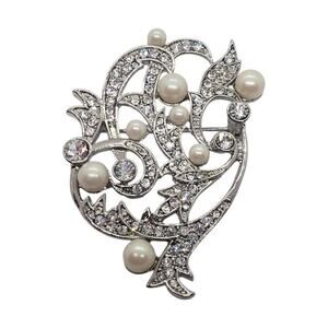 Vintage Brooch Carolee Faux Pearl Rhinestone Crystal Silver Tone Floral Filigree